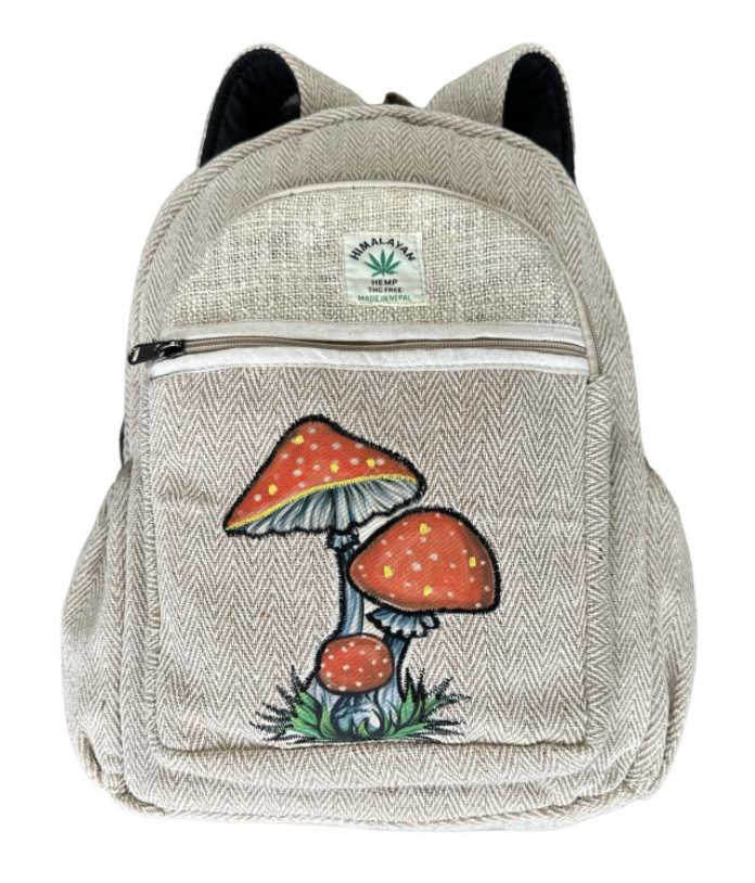 Large All Tan Backpack with Red Mushrooms