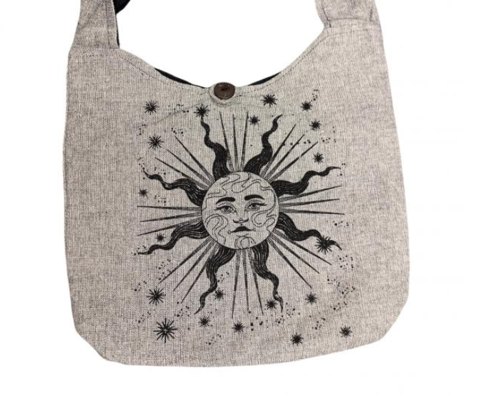 Large Gray Hobo Bag with Black Sun and Stars