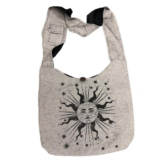 Large Gray Hobo Bag with Black Sun and Stars